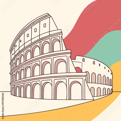 Minimalist vector illustration of roman coliseum landmark in italy with abstract colorful shapes on background for travel tourism concepts and art.