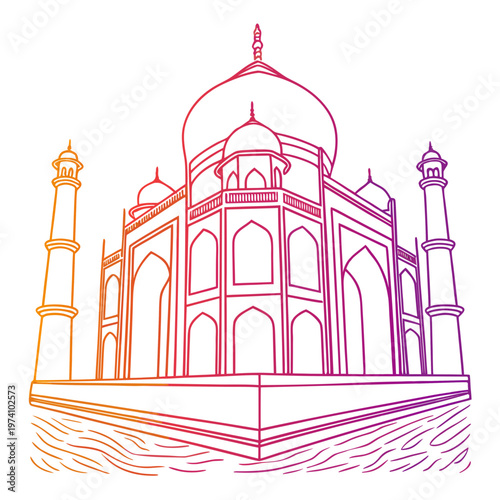 Vibrant gradient line art of taj mahal mausoleum in agra india featuring colorful warm to cool transition for modern travel posters and branding.
