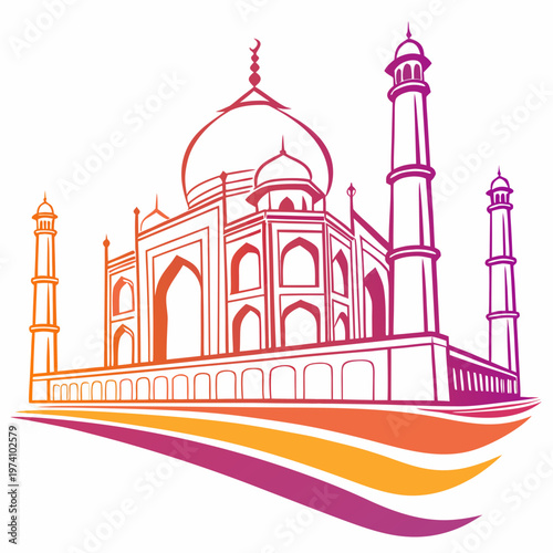 Taj mahal line art on white background, agra india landmark, famous building vector illustration.