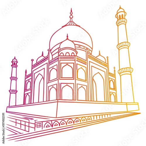 Taj mahal drawing isolated on white background, agra india landmark, famous building vector illustration.