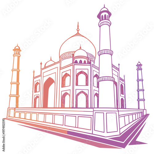 Illustrative outline of Taj Mahal mausoleum with gradient color accents and perspective base, India architectural landmark and cultural symbol.