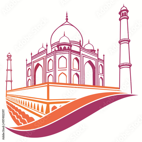 Stylized graphic of Taj Mahal with flowing abstract base, vibrant gradient colors highlighting Indian architectural masterpiece and travel icon.