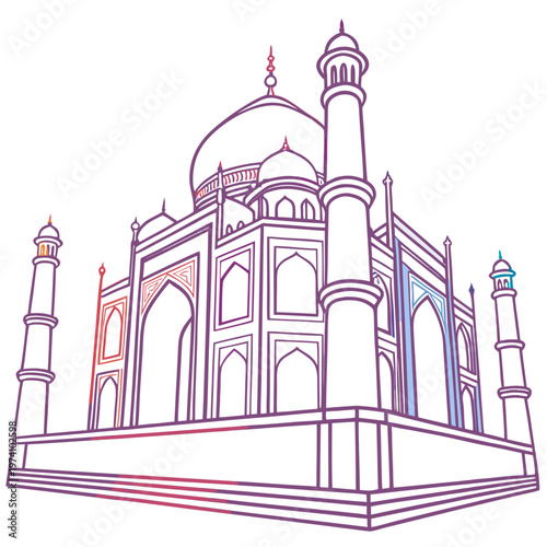 Simplified outline illustration of Taj Mahal building with pops of color on details, Indian heritage site and famous architectural wonder.