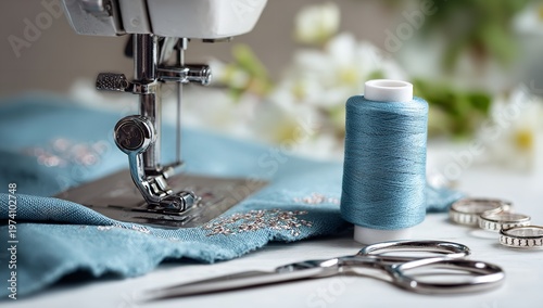 Professional sewing machine presser foot sits beside blue thread and sharp scissors on a white table surrounded by soft-focus white flowers in a studio