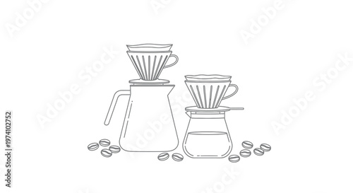 Line drawing of a pour over coffee setup with beans and vessels