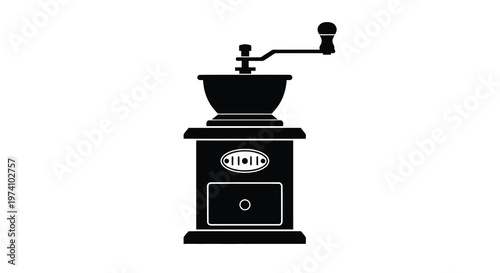 A black silhouette of a vintage coffee grinder with a wooden base