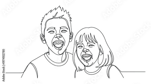 Joyful continuous line drawing of two happy children, a boy and a girl, laughing together, perfect for kids education materials, family themed promotions, or childrens book illustrations.