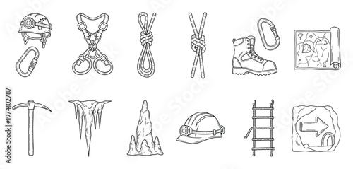 Comprehensive collection of spelunking caving and mountaineering expedition equipment including safety gear and natural formations ideal for outdoor adventure blogs educational materials