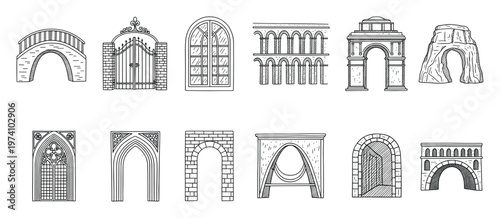 Hand drawn arch collection featuring diverse architectural elements such as bridges, ornate gates, gothic windows, and classic stone archways for design projects.