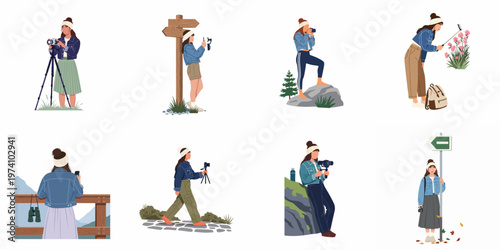 A set of flat vector illustrations featuring a young woman traveling and capturing nature using various photography gear and equipment.