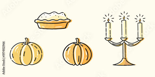 Autumnal still life featuring cake pumpkins and a lit candelabra