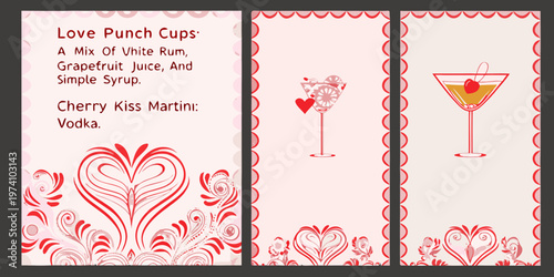 Vintage cocktail recipe cards featuring love themed drinks and illustrations