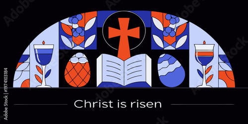 Stylized stained glass illustration depicting christian religious symbols for easter