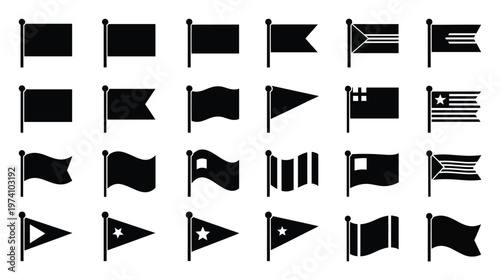A versatile collection of black flag icons in various shapes and orientations, including rectangular, pennant, and swallowtail designs with simple internal symbols, perfect for user