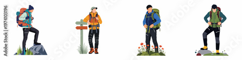 Set of four flat vector illustrations of male hikers and backpackers wearing outdoor gear, exploring nature on a white background.