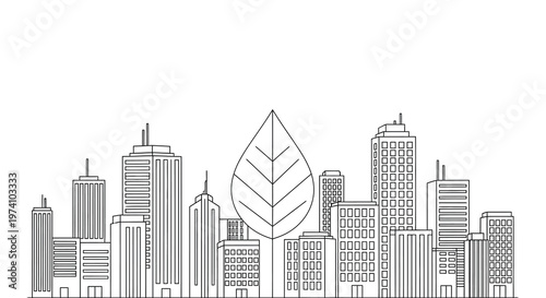 City skyline illustration featuring a large leaf overlaying buildings