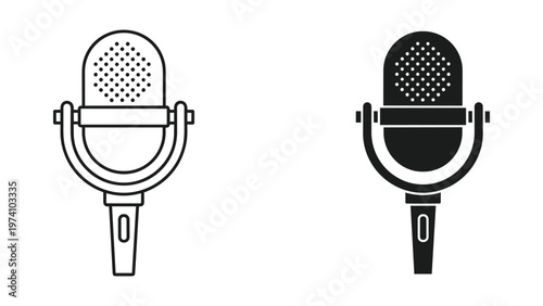 Two black and white microphone icons in line art style for audio recording or podcasting isolated on white background