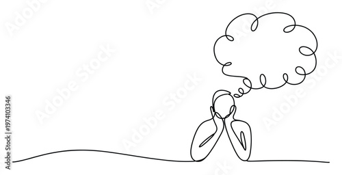 Continuous line drawing of a person deep in contemplation, head in hands, with an empty thought bubble, useful for illustrating ideas, problemsolving, stress, or decisionmaking in various