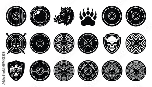 Collection of ancient Viking and Norse medieval shield and warrior symbols ideal for historical themed projects gaming logos or graphic asset creation