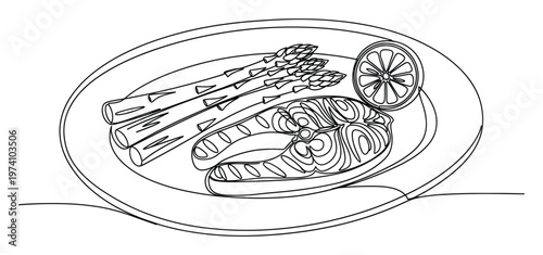 Continuous line drawing of a salmon steak with fresh asparagus and a zesty lemon slice on a dish, perfect for culinary publications, menu designs, or health blog visuals.