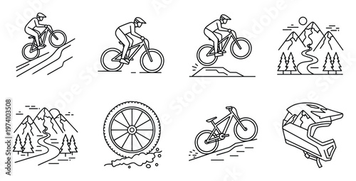 Mountain biking line icons showing cyclists riding, jumping, mountain trails, trees, bicycle wheel, protective helmet, ideal for outdoor sports and adventure graphic assets.