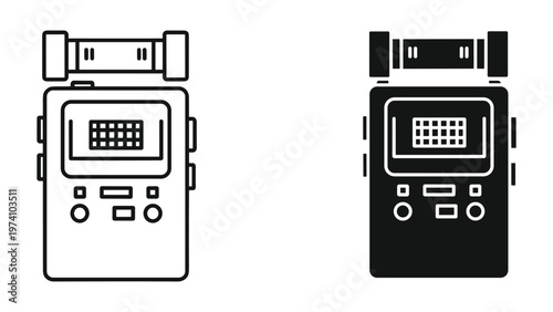 Two black and white icons of a handheld telescope isolated on white background