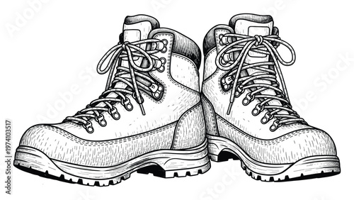 Detailed ink sketch of sturdy outdoor trekking footwear with laces perfect for wilderness exploration camping and nature excursions projects and graphic resources