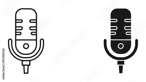 Two black and white microphone icons isolated on white background for audio recording or podcasting