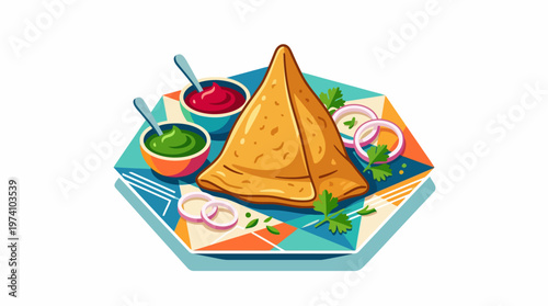 Delicious Samosa with Chutney and Onion Rings on a Decorative Plate, A Classic Indian Snack