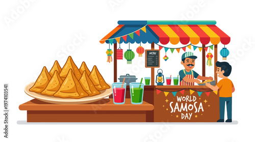 Festive street food stall celebrating World Samosa Day, where a cheerful vendor serves delicious traditional savory pastries to an eager customer amidst colorful decorations