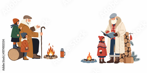 Illustrations of a grandfather sharing stories and reading books with his grandchildren outdoors by a cozy campfire in winter.
