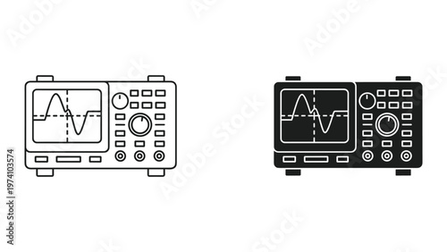 Vector illustration of oscilloscope icons in black and white on a pure white background