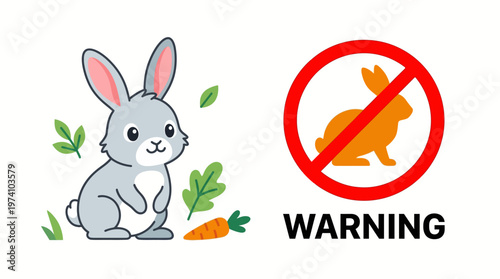 Cute Rabbit and Carrot illustration next to a warning sign indicating no rabbits, suitable for animal control notices and pest prevention campaigns