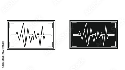Black and white ecg heartbeat line icons in rectangular frames on white background
