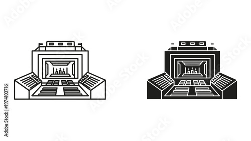 Black and white illustration of two identical industrial or architectural structures side by side on white background