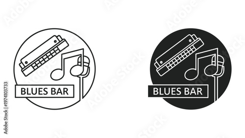 Blues Bar Logo with Harmonica and Microphone