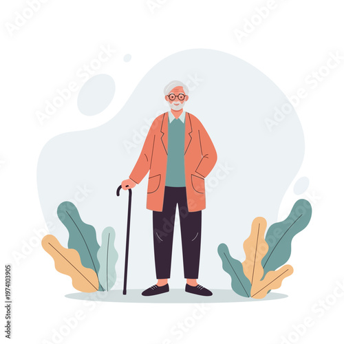 Elderly Man Standing with Cane Illustration.