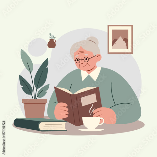 Elderly Man Reading Book with Tea.