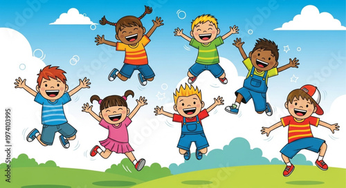 Diverse Group of Happy Children Jumping Joyfully Outdoors.