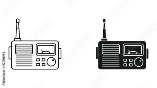 Black and white line drawing of a portable radio with antenna, speaker, and control buttons, isolated on white background for communication and entertainment themes