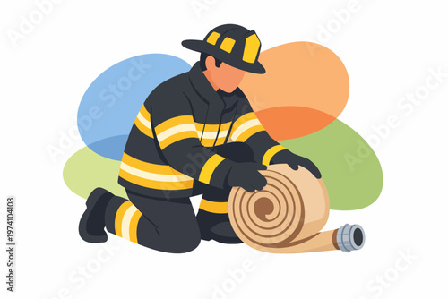 Firefighter Kneeling and Rolling a Large Fire Hose Vector