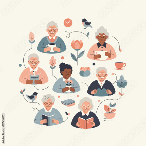 Elderly People Reading and Relaxing Together.