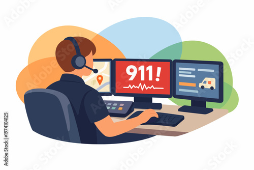 Professional 911 call center dispatcher at work flat vector