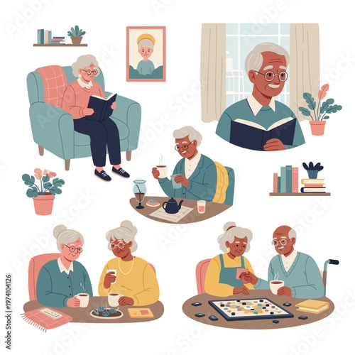 Elderly People Reading and Playing Games Together.