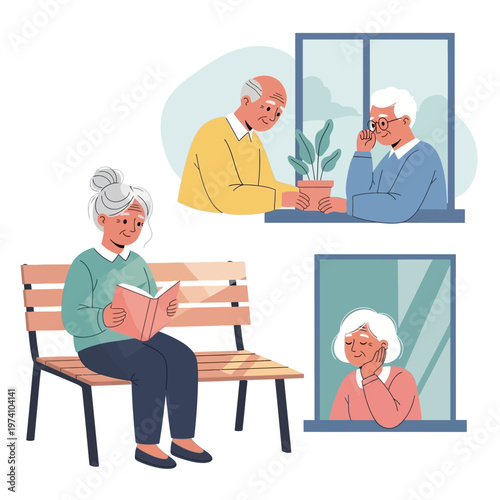 Elderly People Reading and Socializing Outdoors.