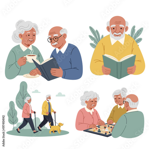 Elderly People Reading and Socializing Together.