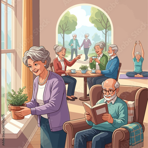Elderly People Relaxing in a Serene Environment.