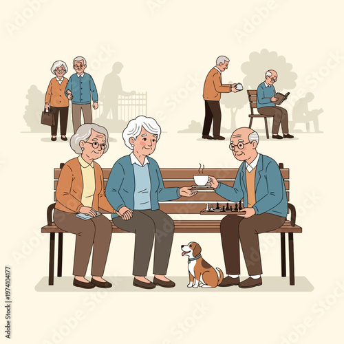 Elderly People Sitting on Bench with Dog.