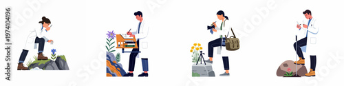Set of illustrations depicting scientists and researchers conducting botanical fieldwork, studying alpine plants, and collecting samples in a natural environment.