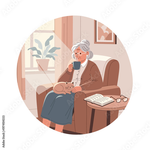 Elderly Woman Relaxing with Coffee and Book.